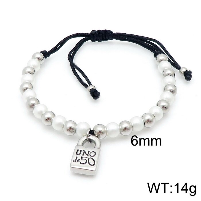 Men's and Women's Stainless Steel Round Beads UNO De 50 Stainless Steel Lock Pearl Bracelet Adjustable Hand-woven Bracelet: 4