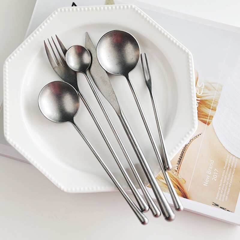 Silber 304 Edelstahl Westlichen Besteck einstellen retro Abendessen Messer Gabel Löffel einstellen Spezielle Gabeln Kaffee Tee Löffel Obst Gabel
