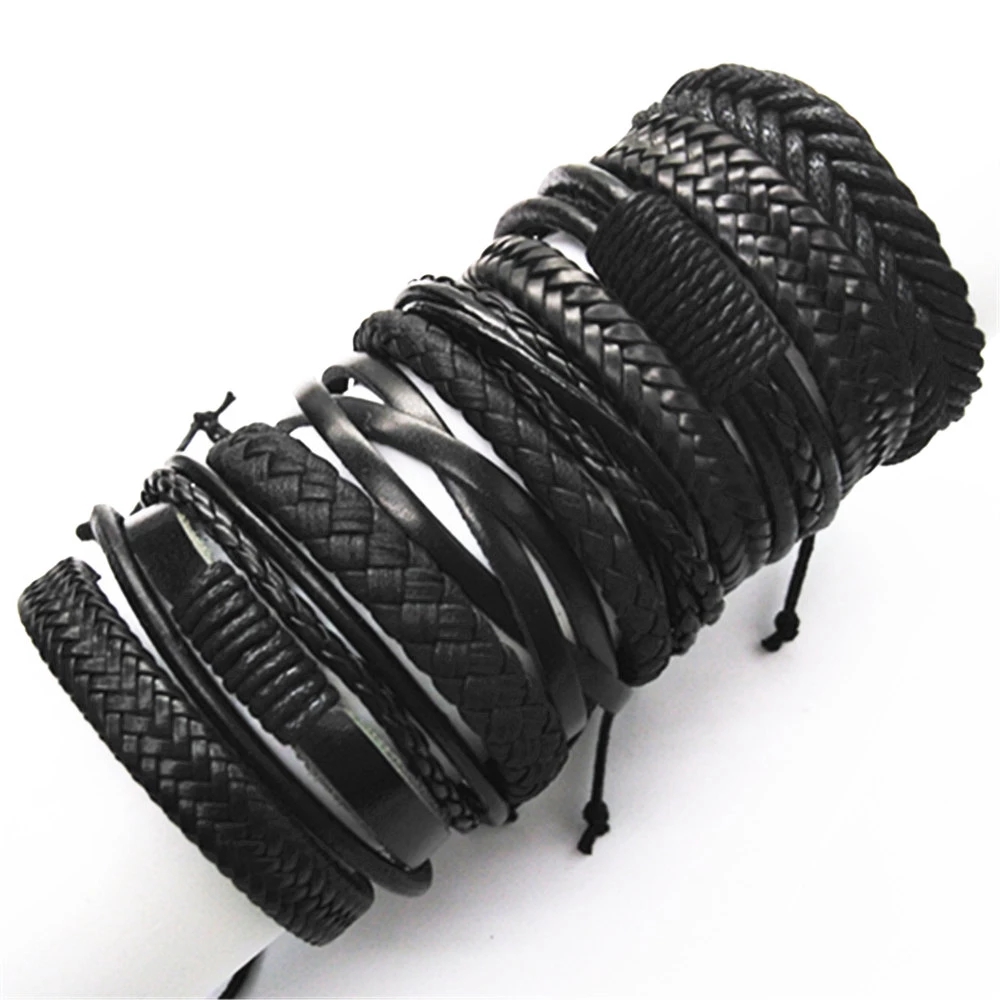10 unids/set negro envoltura tejida nueva pulseras hechas a mano para hombres pulseras de cuero para hombres y mujeres brazalete para hombres de joyería al por mayor