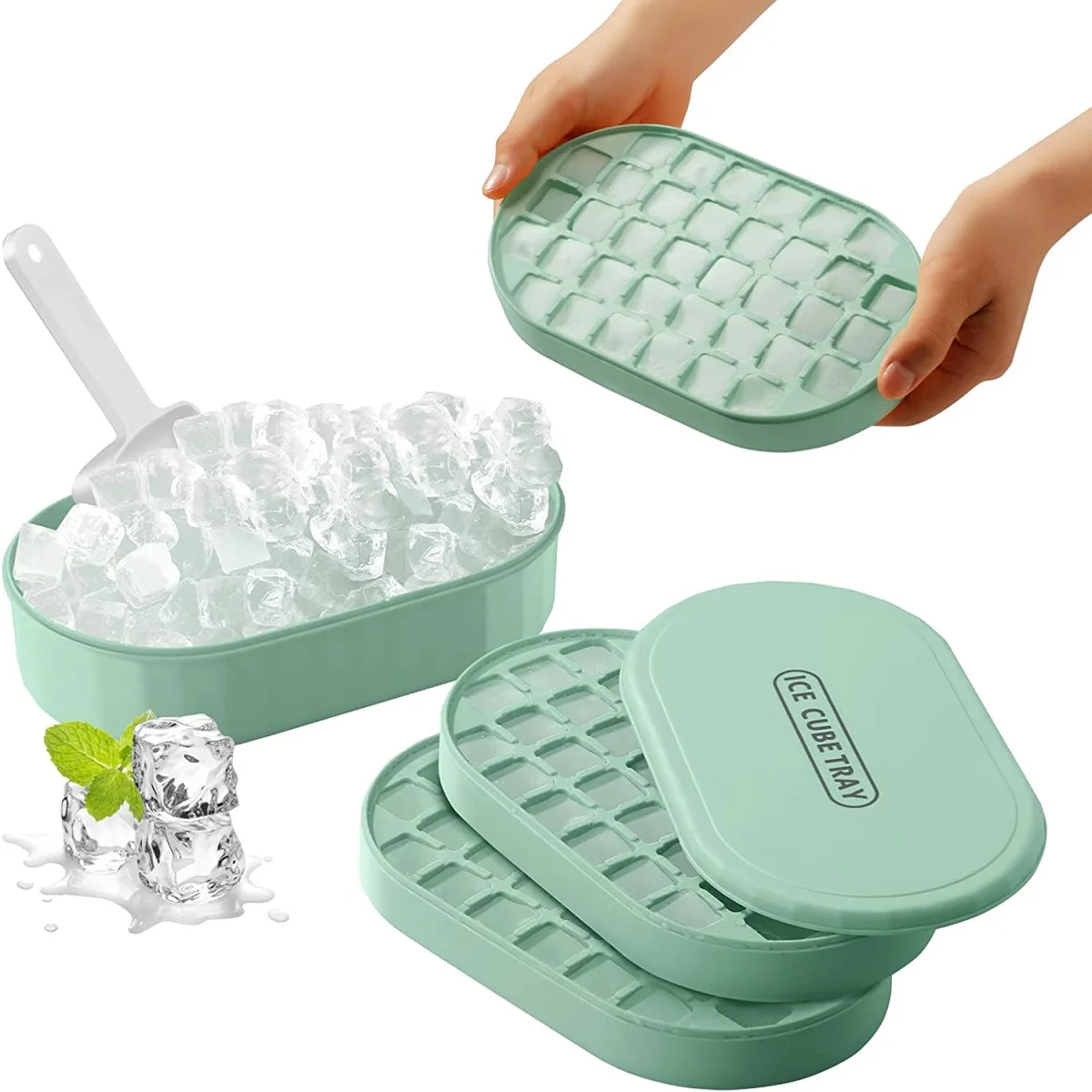 Doppelschichtiges Eiswürfelform mit Deckel und etui – stapelbar, macht 72 Eiswürfel mit Behälter, Löffel und Deckel Ich bin Lieferumfang enthalten, BPA-frei: Grün