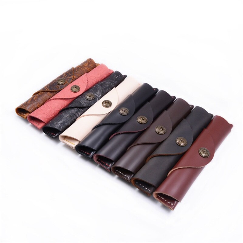 Leren Pennen Etui - Handgemaakt Drukknop - School Kantoor Retro