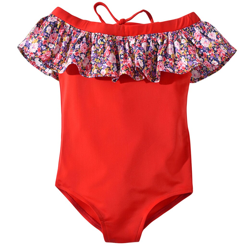 Baby Kids Girls Off Shoulder Ruffles Floral Beach Swimwear Swimsuit (Red ): 4-5 Years