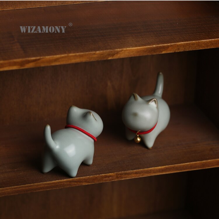 Chinese ru kiln kitten cute tea pet figures small decoration ceramic ornaments tea ceremony zen pen holder holder cat
