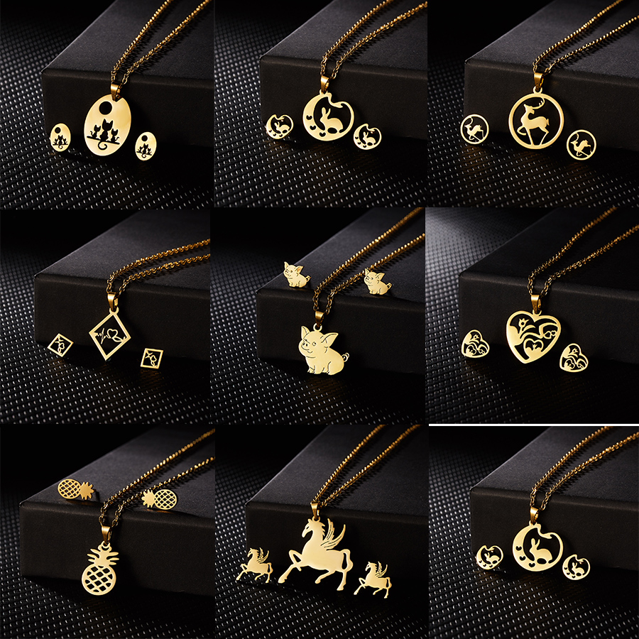 Rinhoo Cute Cat Pig Horse Gold Color Stainless Steel Sets Pineapple Heart Deer Necklace Earrings Jewelry Set Wedding Jewelry