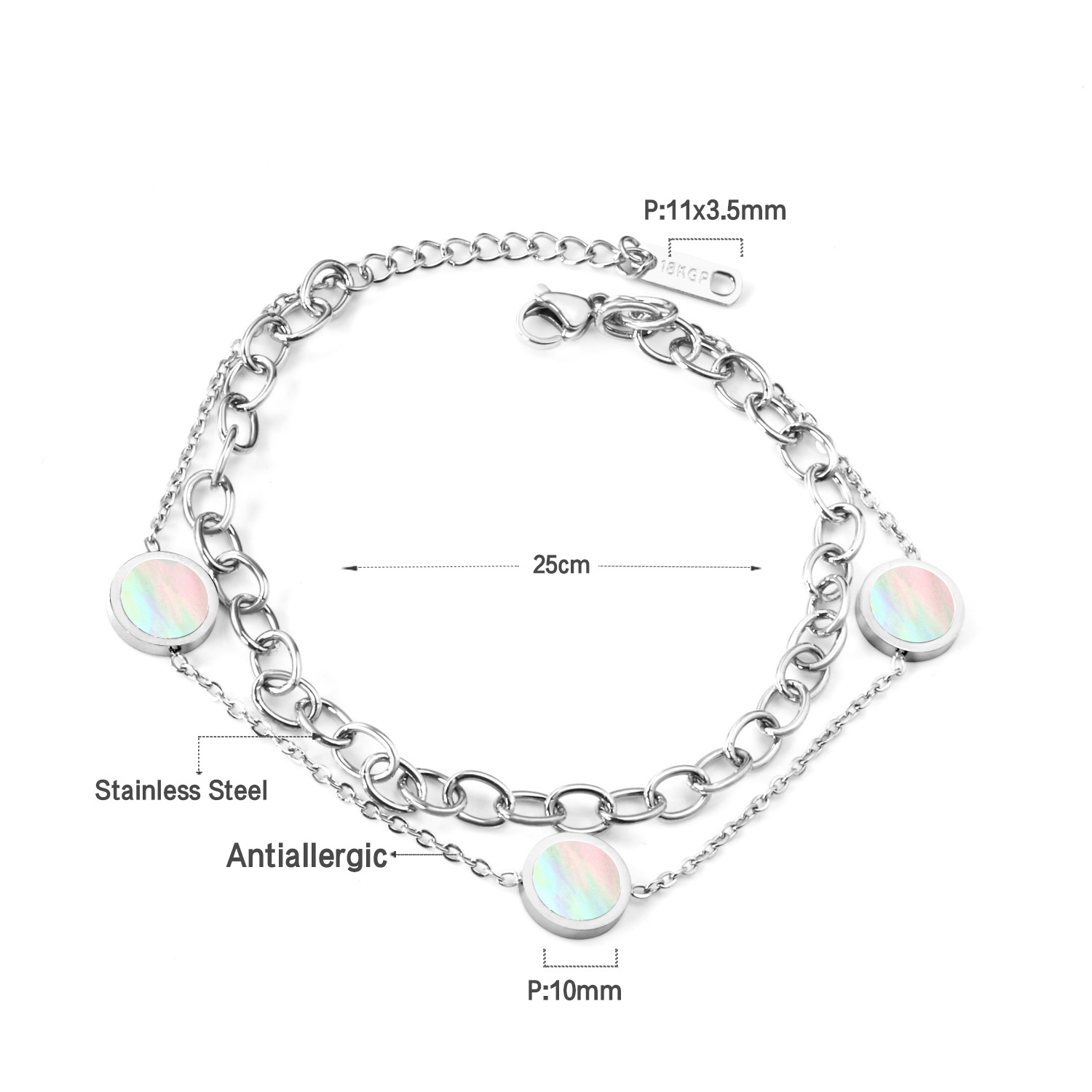 LUXUSTEEL Pulsera Acero Inoxidable Mujer Stainless Steel Round Shell Chains Bracelets Golden Color Double Layers Bracelets