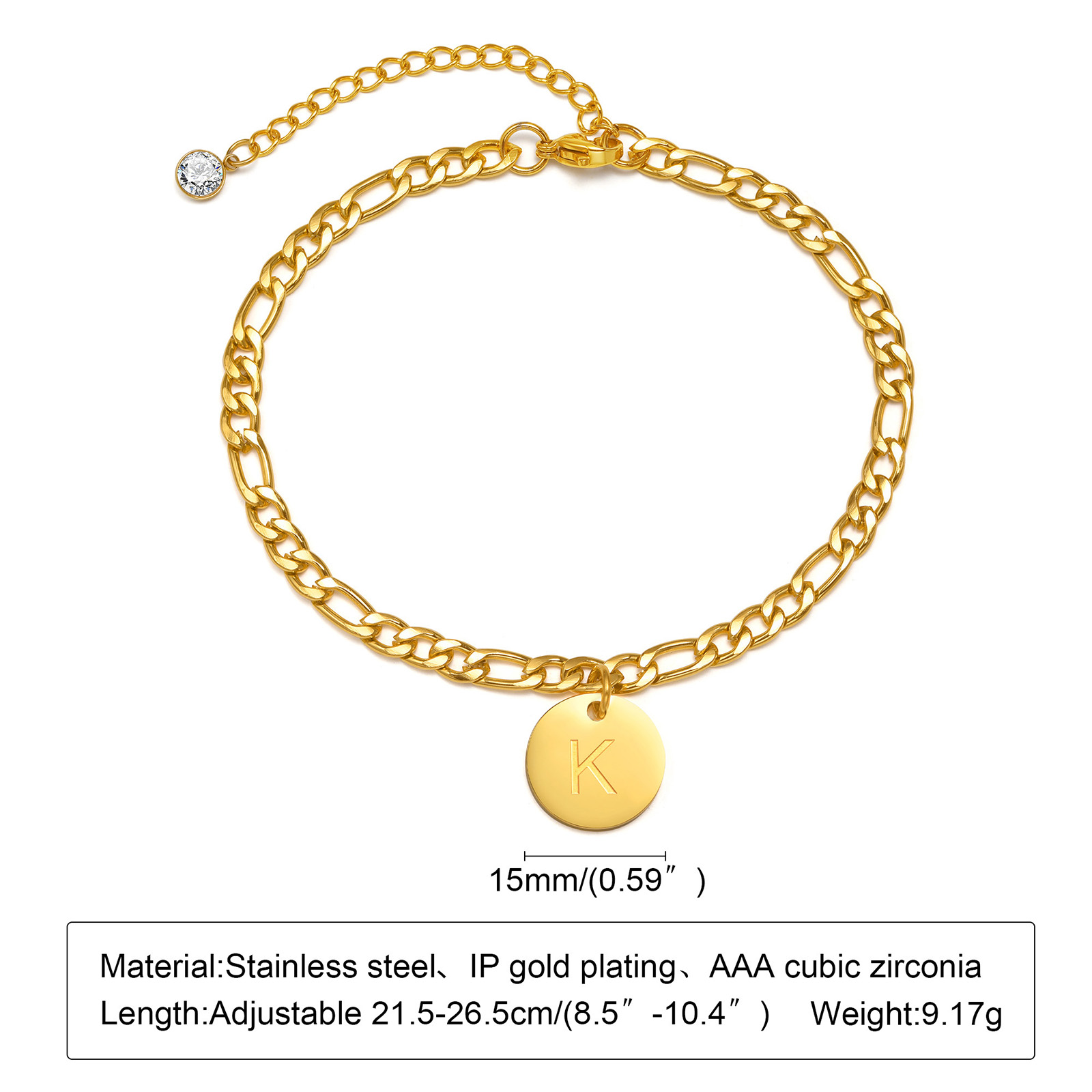 Men Anklets, Men&#39;s Ankle Bracelet,Figaro Chain with Disc Alphabet Anklet, Stainless Steel Men&#39;s Jewelry,Summer Beach Jewelry: K