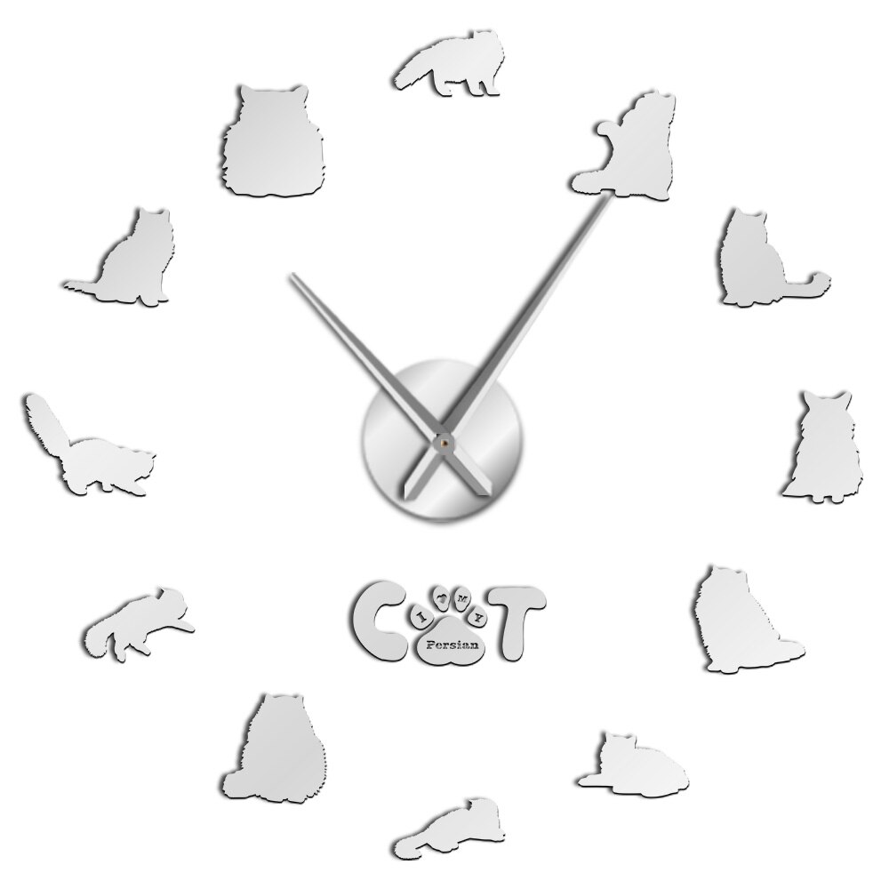 Persian Cat Large DIY Wall Clock Persian Longhair Cat Breeds Silent 3D Wall Watch with Iranian Shirazi Cat Kitty Mirror Stickers: Silver / 37 Inch