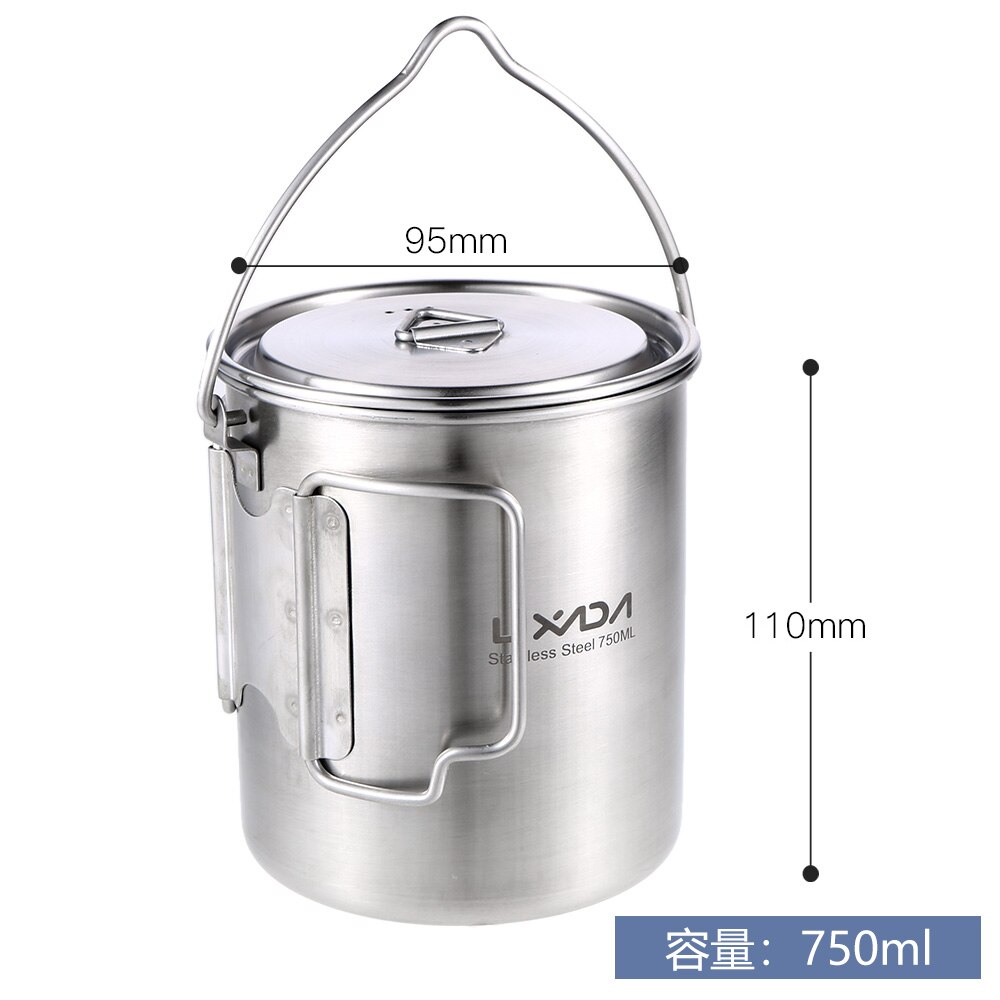 750ml Edelstahl draussen Camping Topf Hängen Topf Tasse Camping Wasser Becher Tasse mit Deckel und Faltbare Griff Außen kochen Picknick