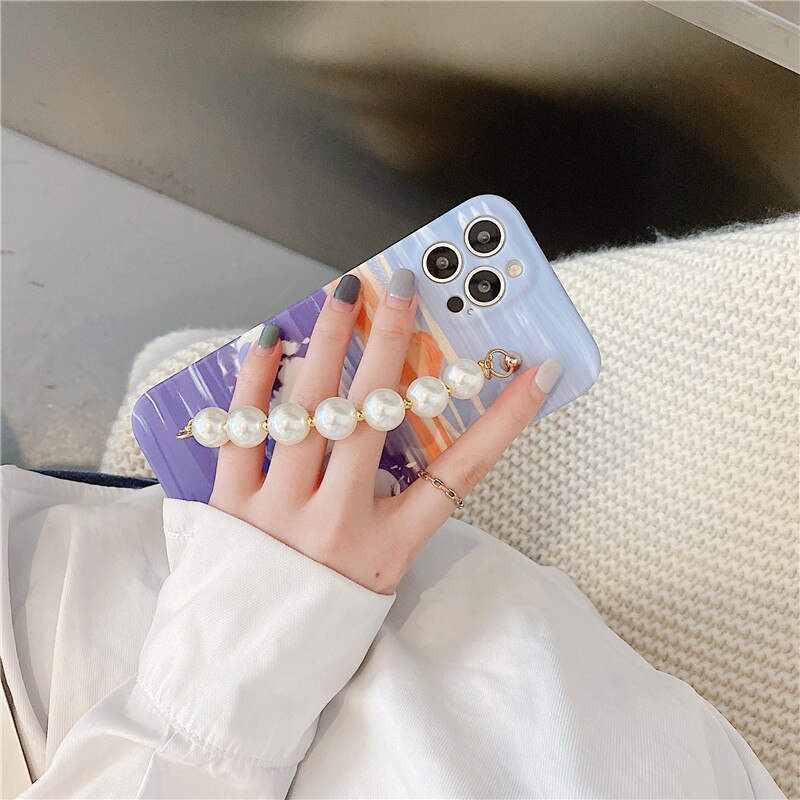 Pearl rhinestone wrist bracelet Scenery Japan Sea Wave case For iphone 12 11 Pro Max X XR Xs max 7 8Plus SE2020 Protective case