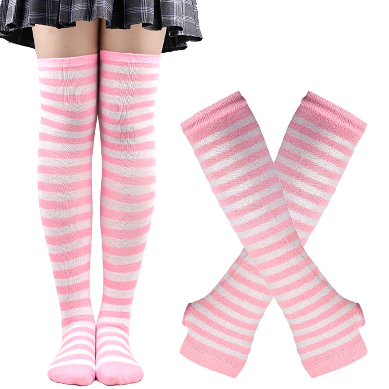 1 Set Women Gothic Punk Over Knee Long Stripe Socks Arm Sleeve Gloves for Girl Thigh High Cotton Socks Sweet Cute Christmas: pink