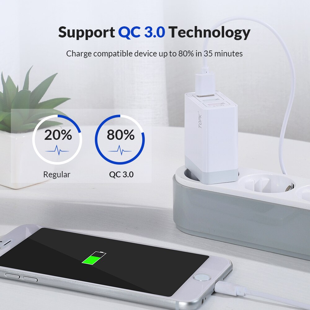 TOPK B348Q USB Quick Charge 3.0 With 3 Ports EU Wall Charger Fast Charging For iPhone Samsung Xiaomi