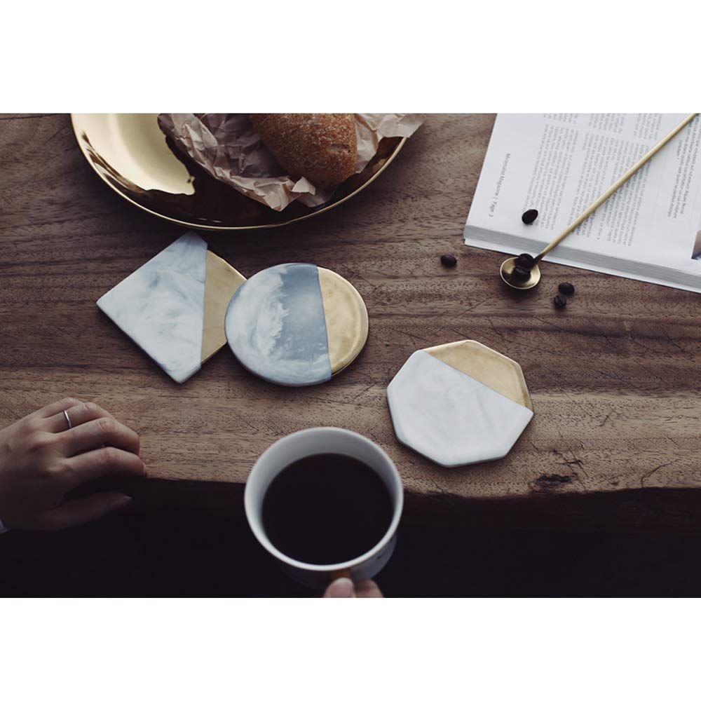 3 PCS Marble Stone Coasters Hexagon Round Square Drink Coasters Embellished with Gold Trim Set of 3