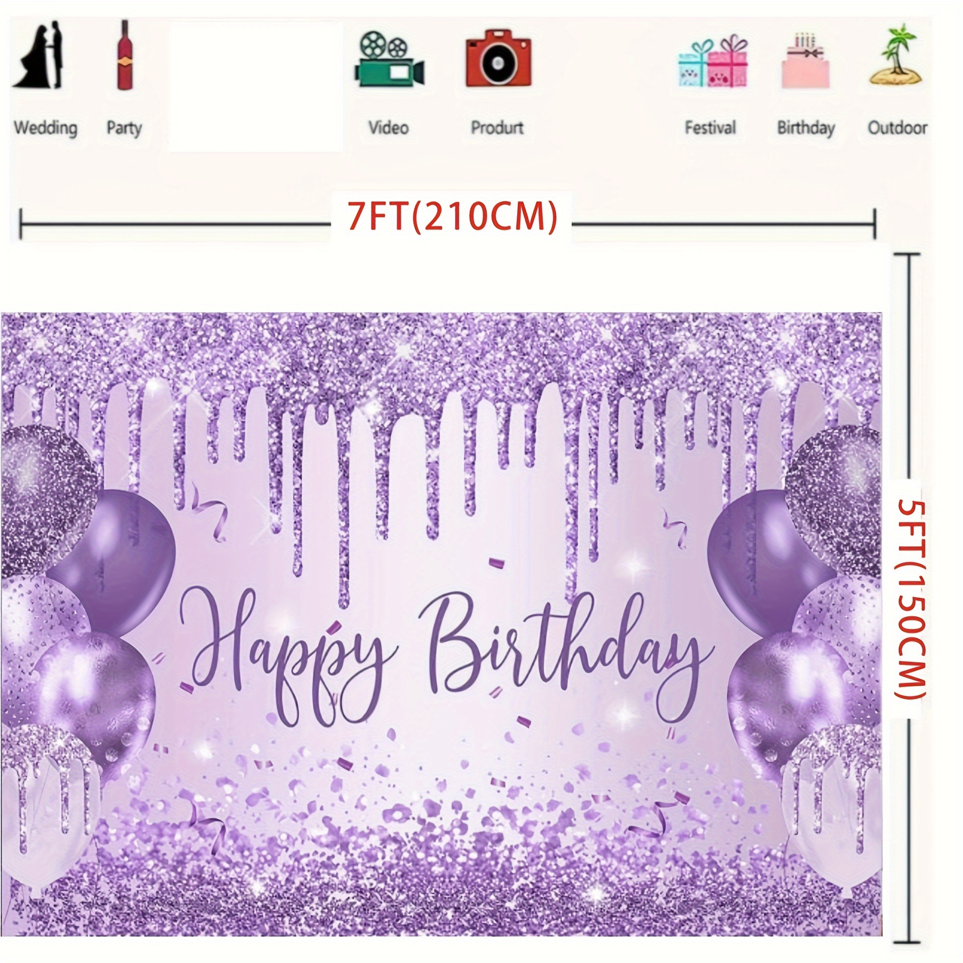 Purple glitter birthday background with balloons and "Happy Birthday" text - perfect for party decorations
