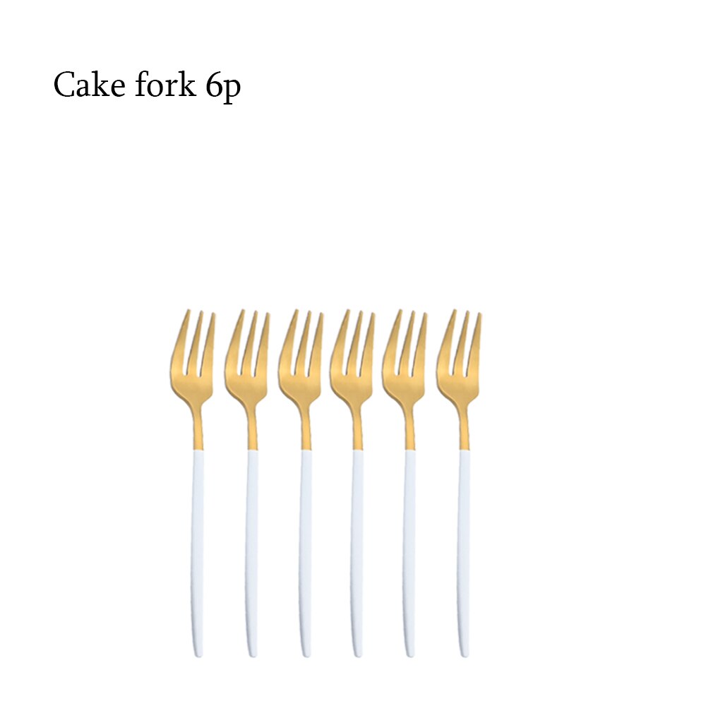 6Pcs Bestekset Rvs Zilverwerk Mes Vork Thee Lepel Servies Wit Goud Servies Bestek Keuken Diner Set: Cake fork