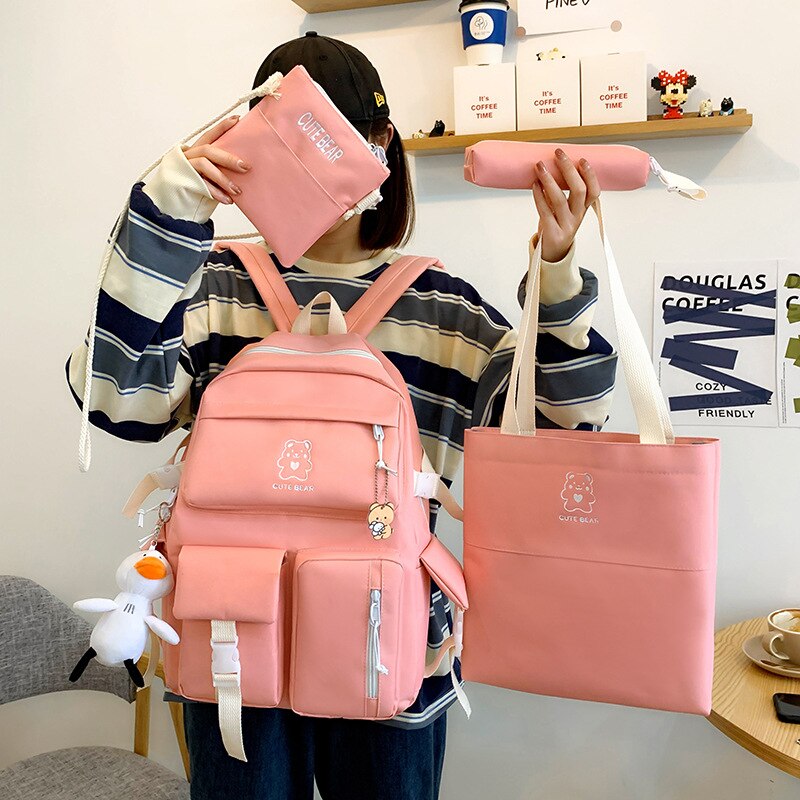 4 unids/set de lona mochilas para mujeres bolsas para la Escuela de las niñas adolescentes bolsas los estudiantes nuevos viajes mochilas para mujer mochila: Rosa / With pendant