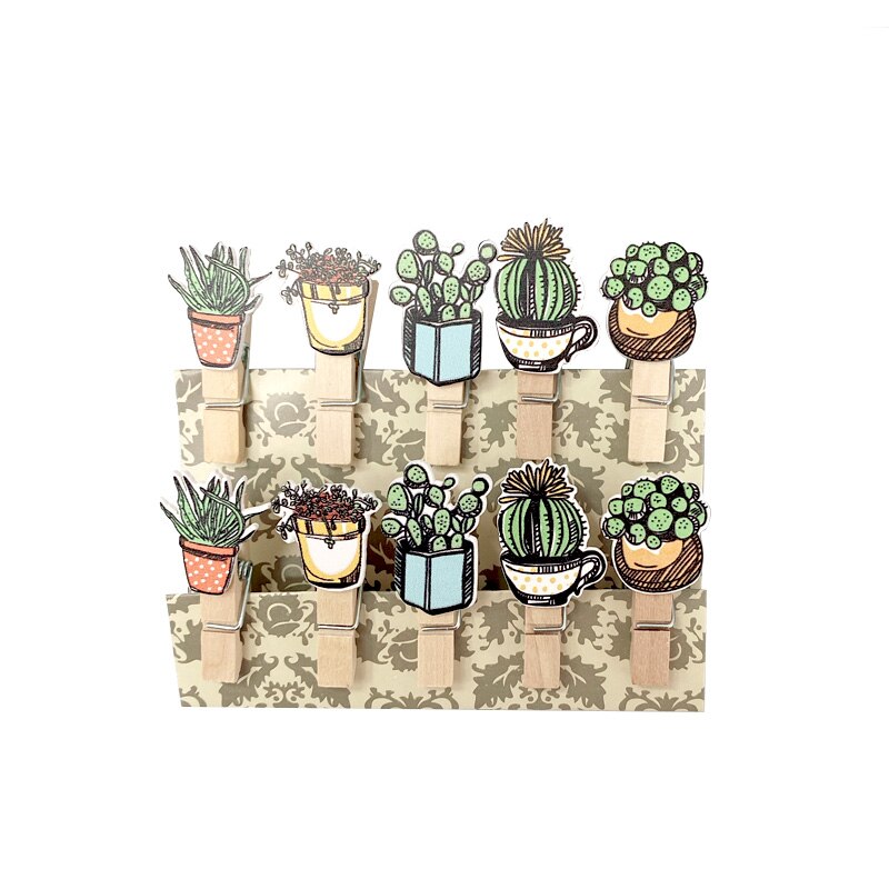 10 Uds de macetas de madera de cactus con cuerda de cáñamo, clip de decoración para habitación, Clips de papel de notas de Cactus bonitos