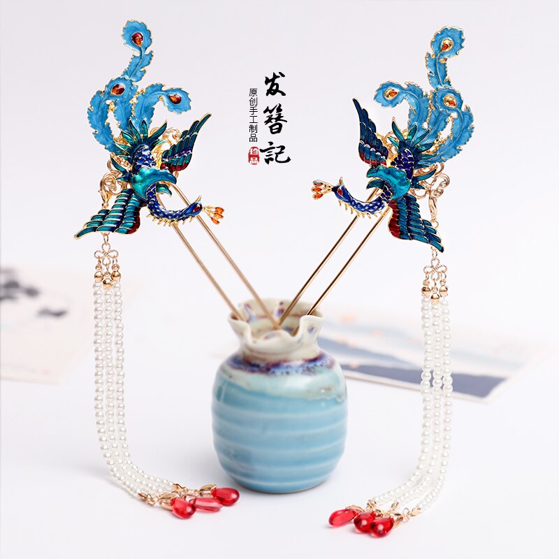 Antik cloisonne kanzashi lang kvast step shake oldgammel kostume hovedbeklædning hårnåle hårstift cosplay phoenix hanfu tilbehør