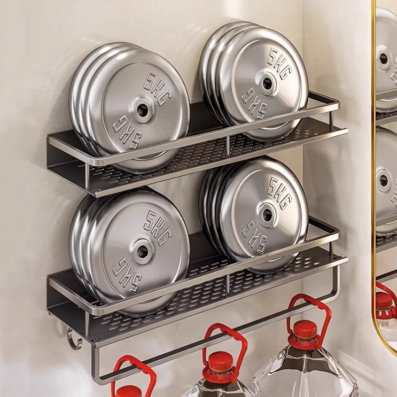 Estante de baño con barra de toalla montado en la pared, estante de ducha de aluminio gris, soporte de champú de baño negro, soporte de cesta, estante de esquina