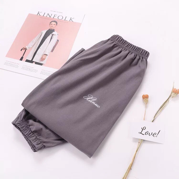 Tunna lösa plus size pyjamasbyxor 100%  bomull dam sovunderdel stickad bomull sommarbyxor dambyxor: Grå / M
