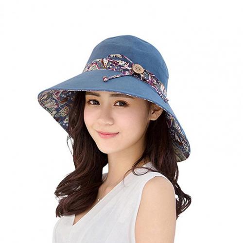 80% Hat Foldable Breathable Wide Brim Sun Protection Cotton Reversible Foldable Cap for Summer: Blue