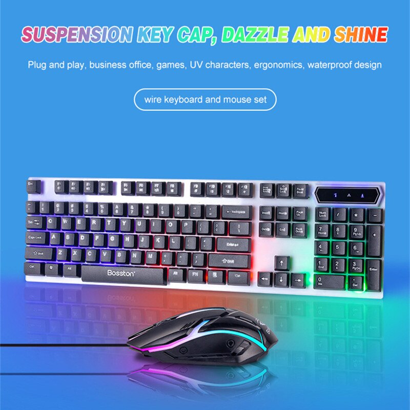 Luminous Keyboard and Mouse Set Gaming Mechanical Feel USB Wired LED Backlit Floating Keycap for Gamer Desktop Home Office