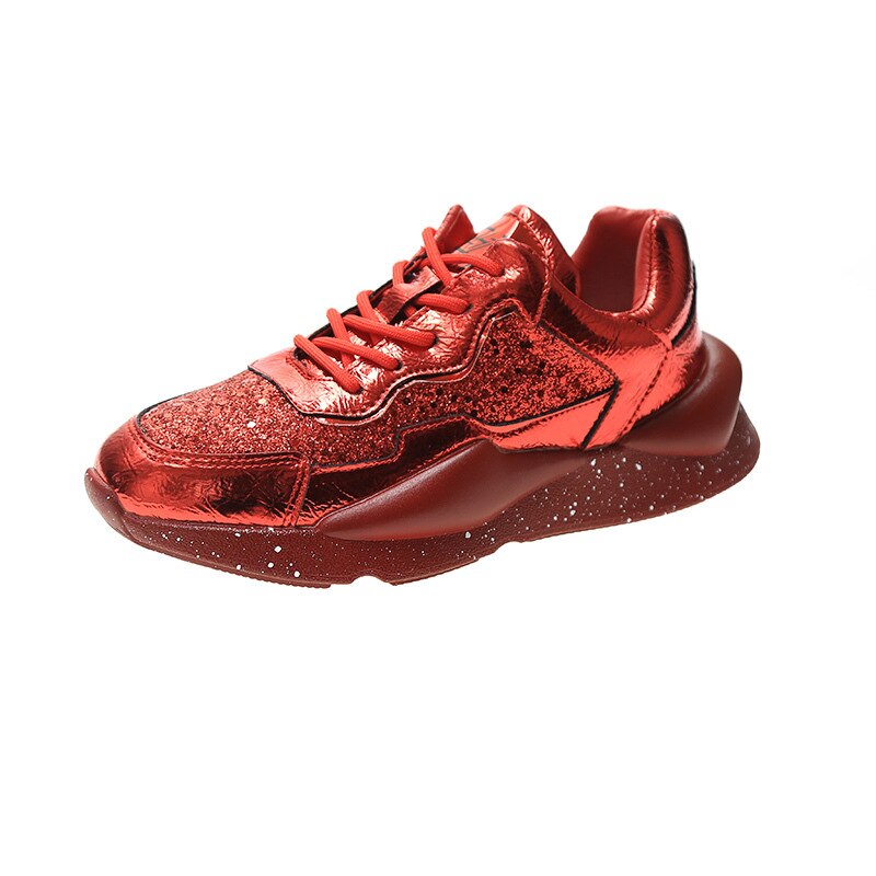 Fujin dames sneakers lente pailletten platform ademende dikke schoenen dames ins dikke bodem dames casual schoenen: Rood / 8