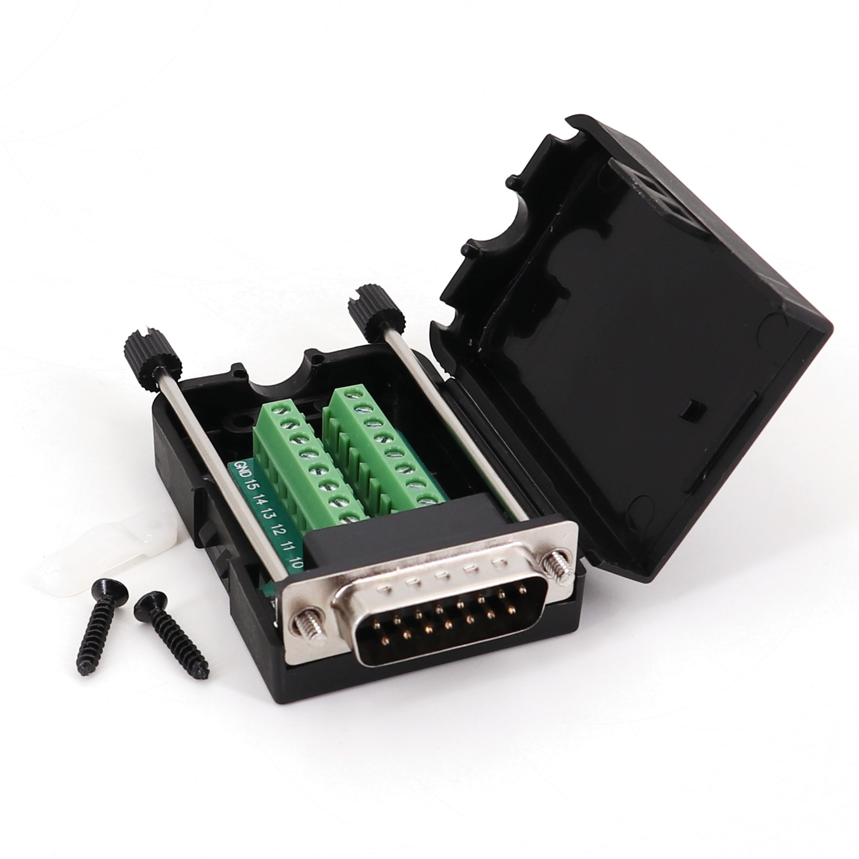 DB15 Male / Female 2 Row 15Pin Plug Breakout Terminals Board Connector with Black Plastic Cover