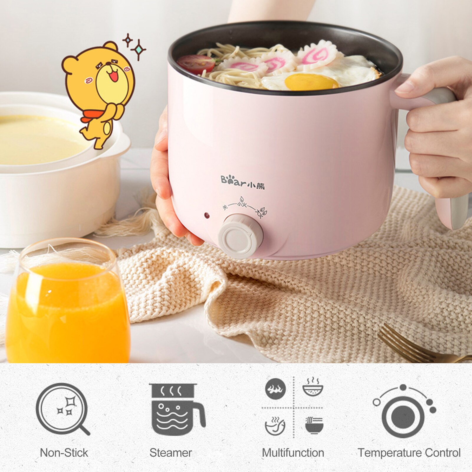 2.2L Electric Pot 220V Electric Cooker Skillet Non-Stick Rapid Noodles Cooker with Steamer Lid 2 Modes Temperature Control