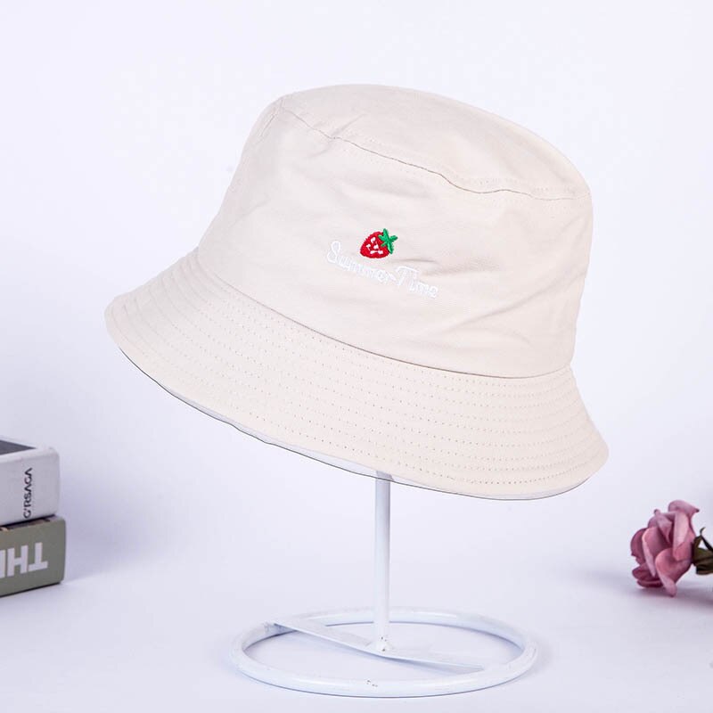Bonito bordado de fresa con letras para chica, sombrero de pescador para mujer, y plegable, a la para actividades al aire libre, gorro de lavabo, gorro de sol, gorros: Beige