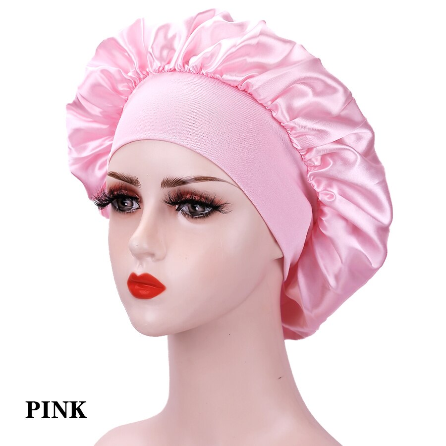 Wide Elastic Band Women Satin Night Sleep Cap Hair Bonnet Hat Silk Head Cover Women&#39;s Satin Solid Sleeping Hat Night Sleep Cap: PINK