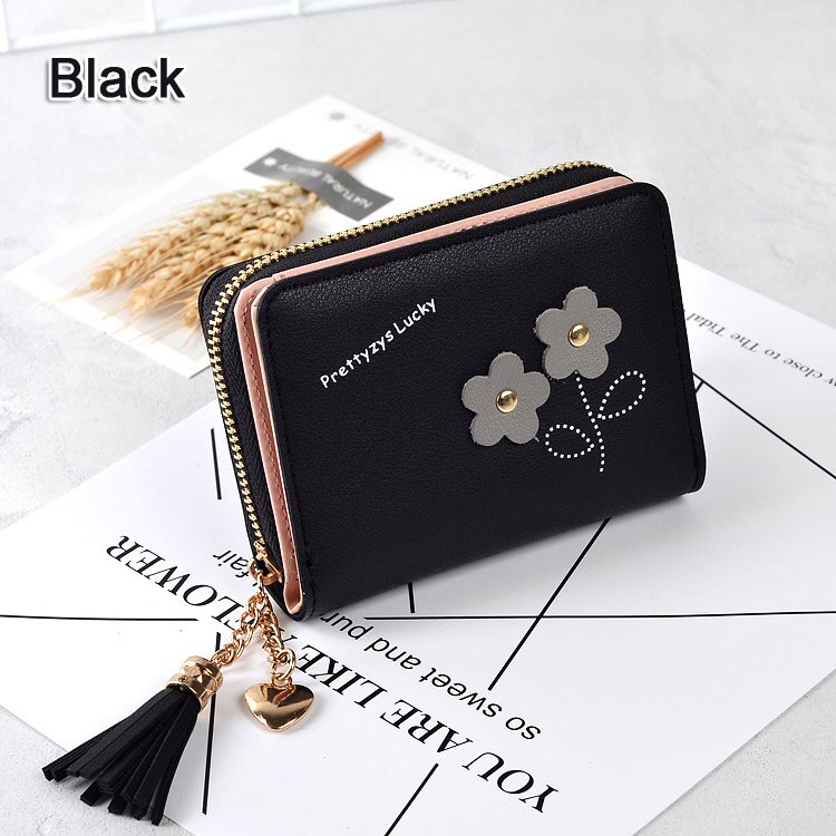 Women Wallets Brand Candy Colors Lady Purses Flower Clutch Zipper Coin Purse Wallet Cards ID Bag Woman Moneybag: 1 black