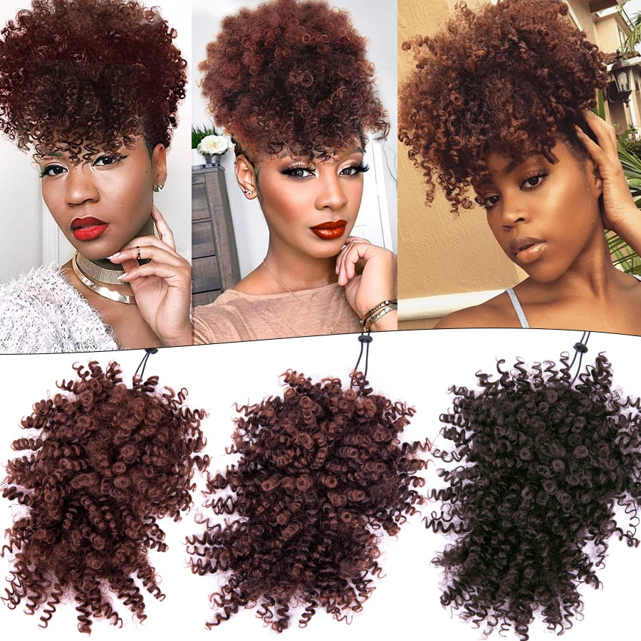 Leeons Kinky Curly Hair Bangs High Puff Ponytail Synthetic Hair Extensions African American Hair Ponytail With Bangs 11 Colors
