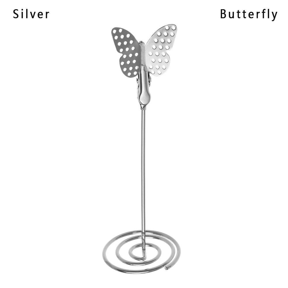 1pc seje bryllup bordkortholder romantisk sommerfugl flamingo mønster metal foto note clips bord nummer stativ papirklemme: Sommerfugl sølv