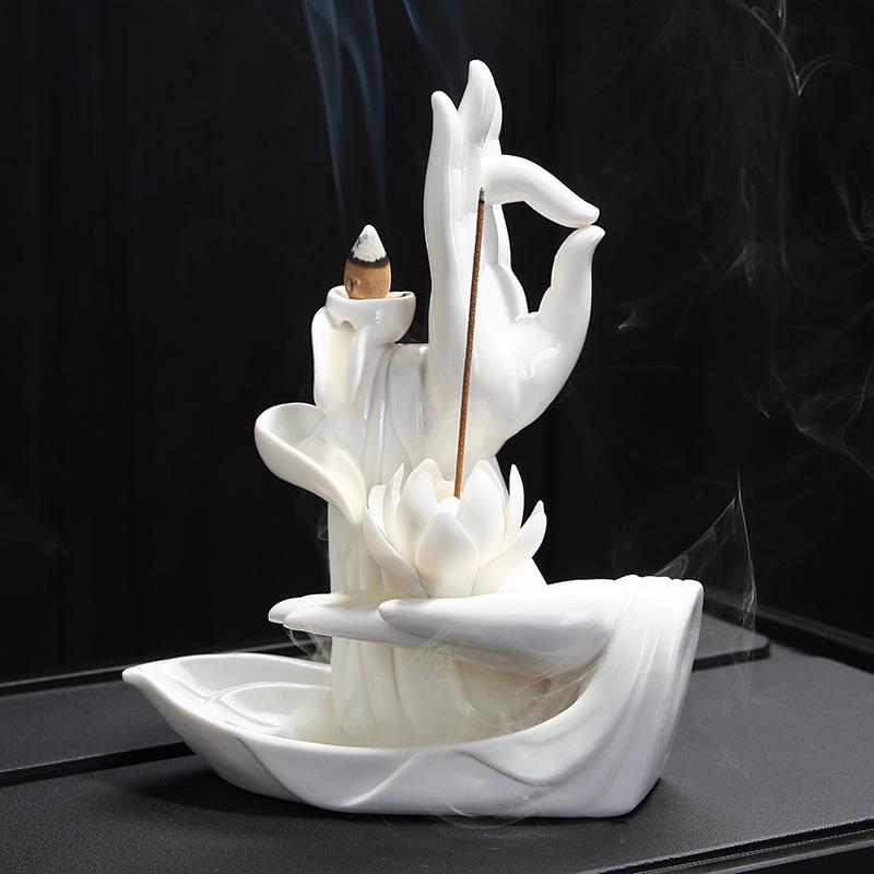 Buda de cerámica blanco quemador de incienso de mano cascada de humo soporte de incienso flor de loto palo incensario decoración budista: 4