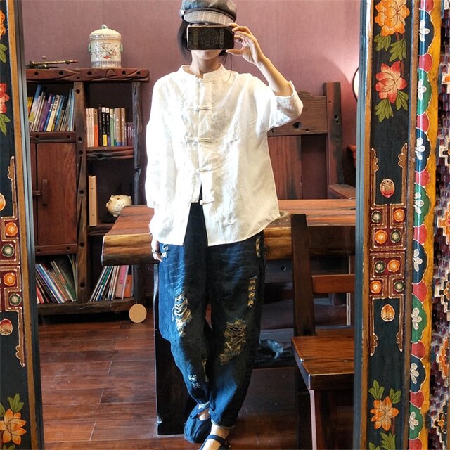 Tang Suit for Ladies Summer Chinese Retro Style Thin Flax Long Sleeve Soft Solid Color Cardigan Tops Casual Clothing: Color1