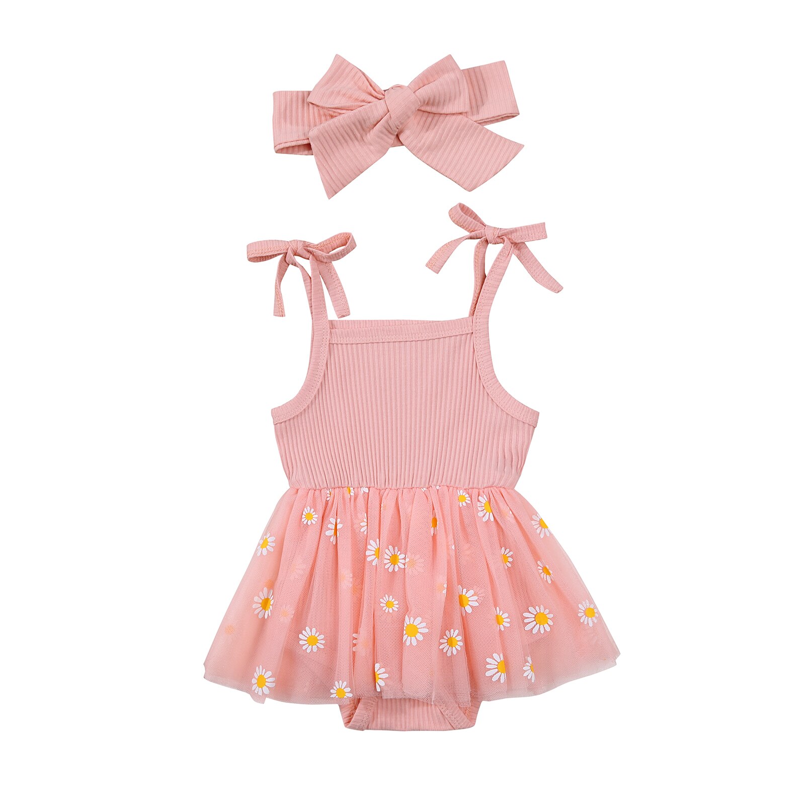 2Pcs Baby Girls Summer Outfits Cute Self Tie Strap Sleeveless Daisy Print Tutu Romper with Headband Set: Pink / 12M