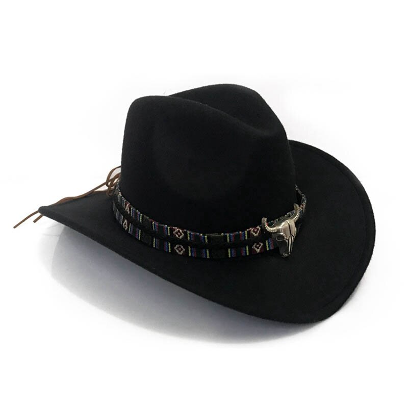 Mode Mannen Vrouwen Western Cowboy Hoed Met Koe Hoofd Band Brede Rand Hoed Pop Jazz Hoed Winter Wol Hoed Maat 56-58Cm