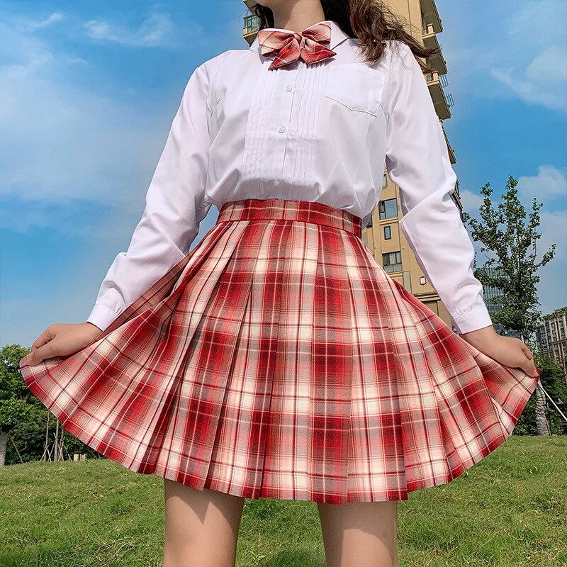Harajuku-falda escocesa A cuadros rojos para chicas, Falda corta con forma de A, para estudiantes: L