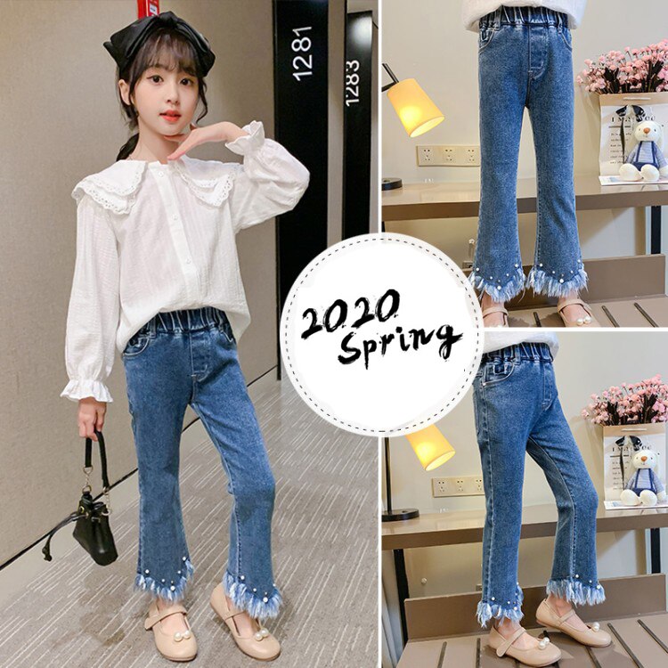 Printemps adolescente solide Jean botte coupe perle décoration Jean pour filles décontracté enfants pantalons enfants automne vêtements 4 6 9 12 14 ans