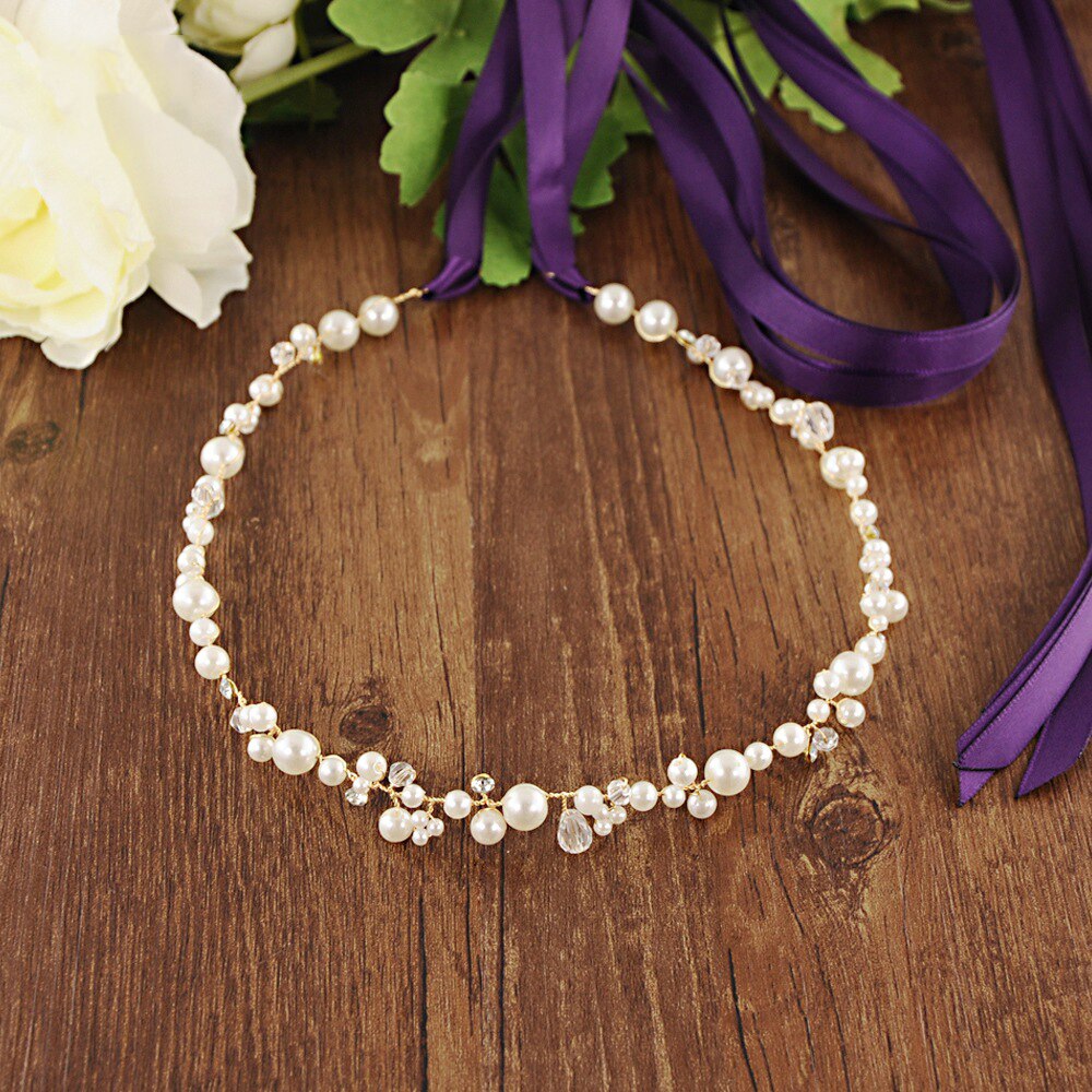 Cinturones de novia de cristal plata hechos a mano, cinturones finos de boda para vestido de perlas, cinturones de banda para boda, accesorios de boda, diadema dorada: Gold  Purple Ribbon