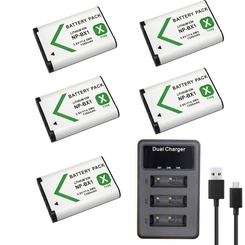 5Pcs 3.6V NP-BX1 Np Bx1 Batterij + 3 Slots Lader Voor Sony DSC-RX100 DSC-WX500 Iv HX300 WX300 HDR-AS15 x3000R MV1 AS30V HDR-A300: 5pcs and Charger
