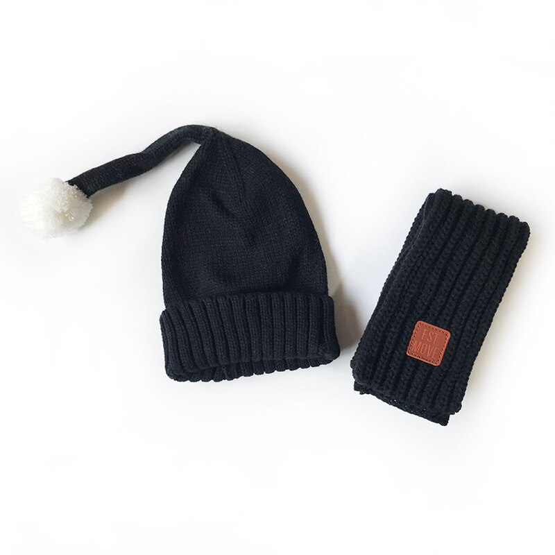 2 stk babyhatter skjerf sett strikket vinterstjerne beanie bomull varm pompon caps barn myke hatter barn jenter gutter: Svart