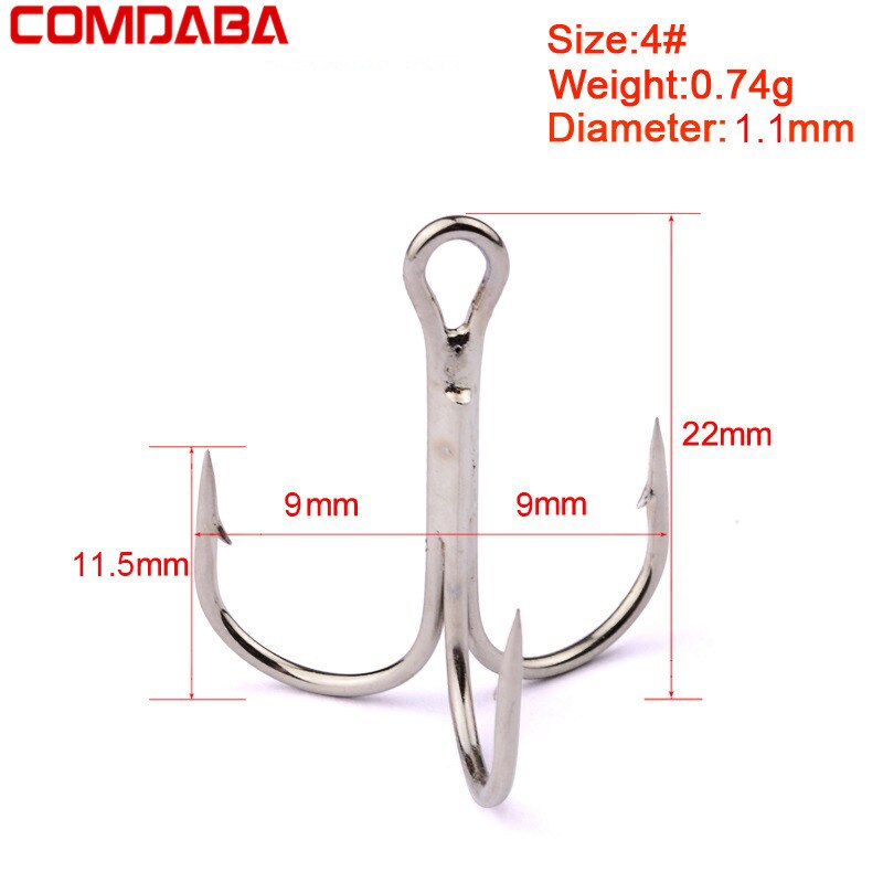COMDABA 50 unids/lote 1 anzuelo de pesca de acero rico en carbono, anzuelos triples, aparejos de pesca de Color blanco/2/4/6/8/10 # anzuelos de pesca: 35647PS 4