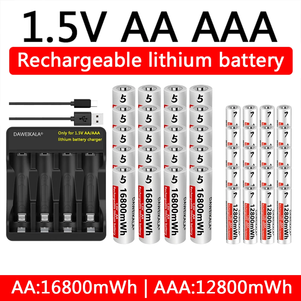Batería AA de 16800mWh y 1,5v, pilas recargables de litio AAA de 12800mWh para juguetes de Control remoto, teclados y ratones inalámbricos