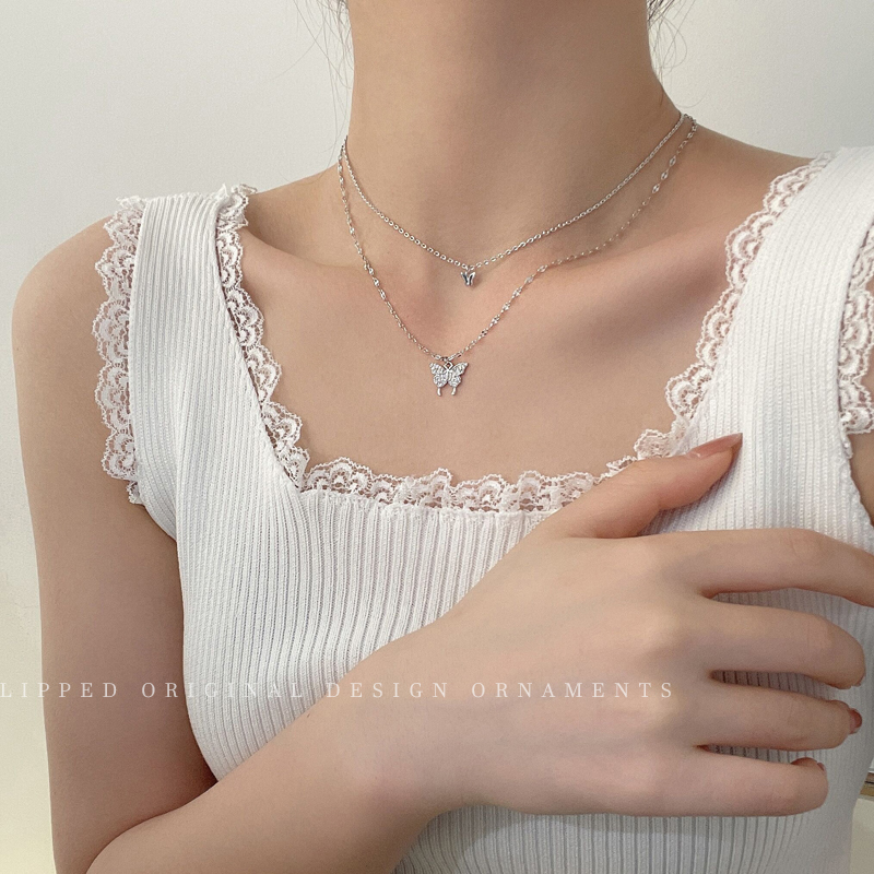 Dainty Zirconia Vlinder Hanger Ketting Voor Vrouwen Punk Zilver Kleur Gelaagde Keten Koreaanse Leuke Choker Mode-sieraden