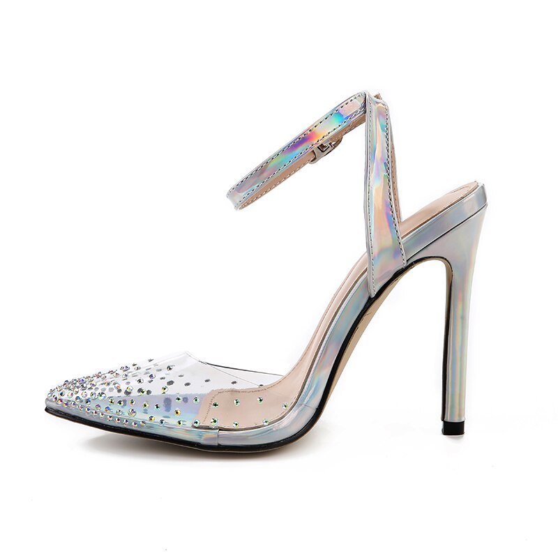 rhinestone PVC transparent shoes stilettos high heels sandals women pointed toe party silver party wedding shoes