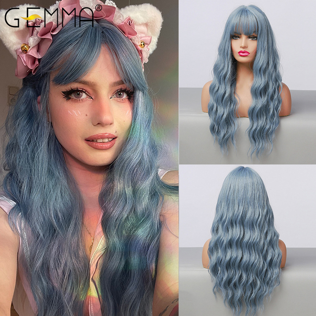GEMMA Dark Brown Long Curly Synthetic Wig Deep Wave Cosplay Hair Wigs with Wavy Bangs for Women Daily Party Heat Resistant Fibre