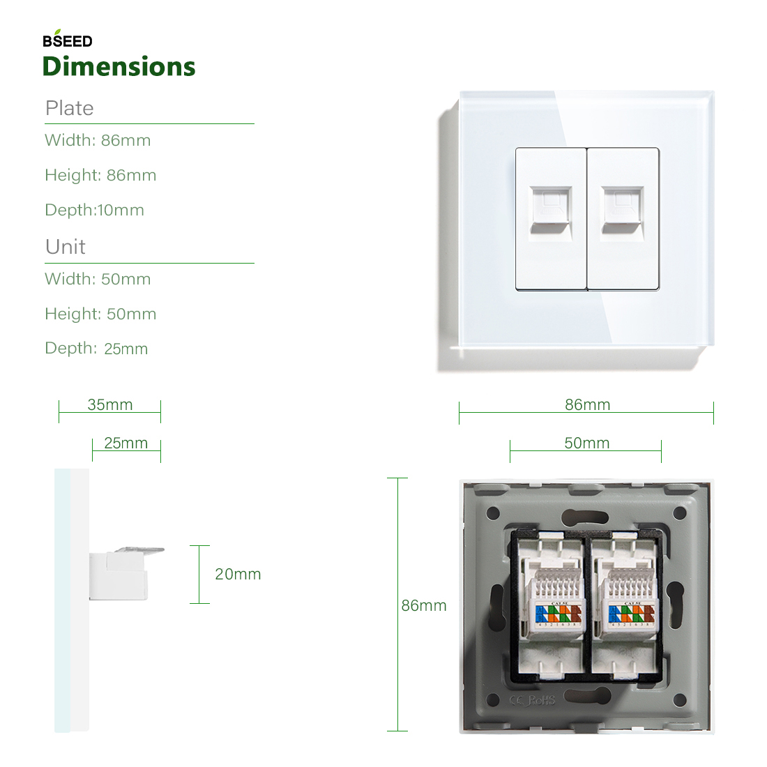 BSEED-enchufe de pared RJ45, doble Internet, CAT5, Red de Datos, puerto de ordenador, Panel de cristal, estándar de la UE, 86x86mm