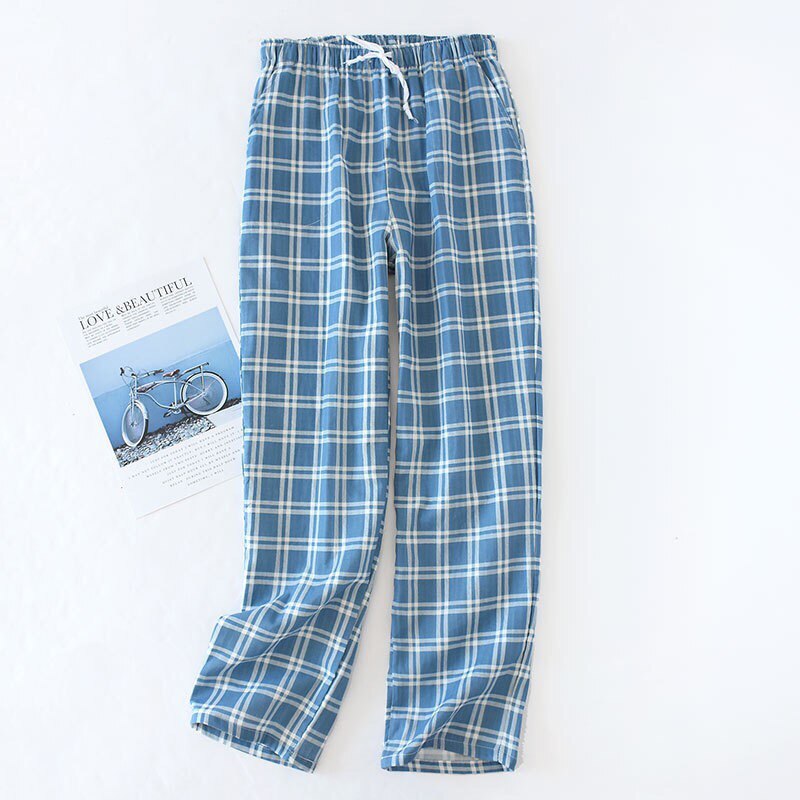 Spring and Summer Sleep Pants Men's Gauze Cotton Simple Style Plaid Trousers Elastic waistband Full Length Sleep Bottom: Blue / M