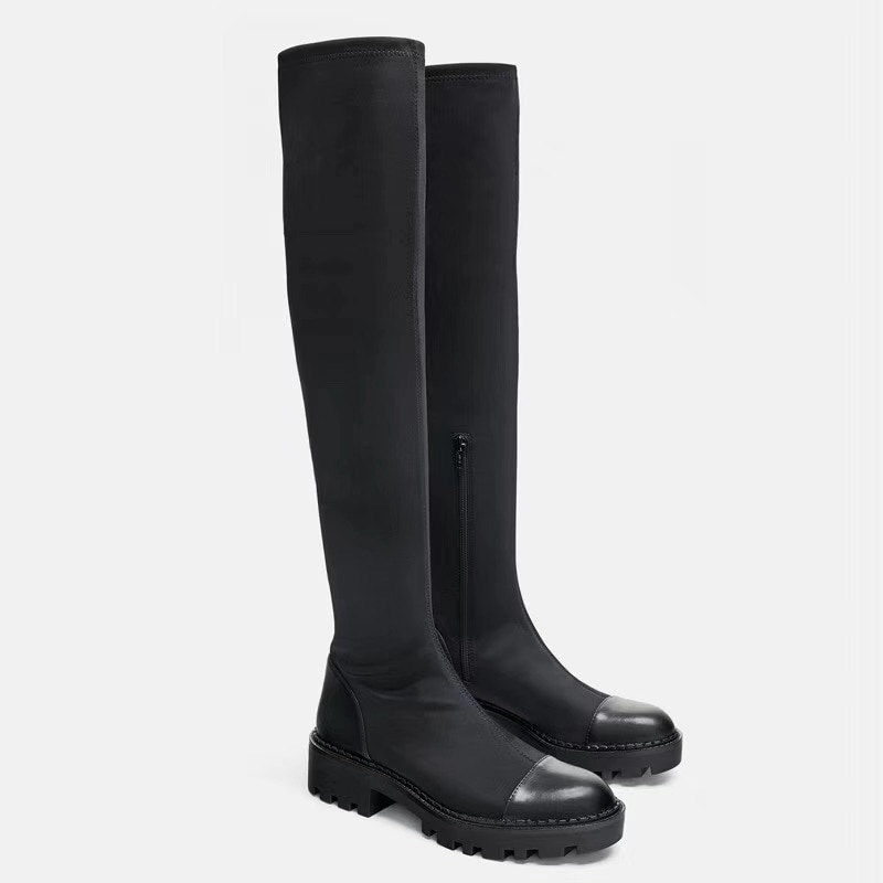 Botas de suela negra, suela plana, botas por encima de la rodilla elásticas, espesor de cabeza, parte inferior, lateral alto: 36